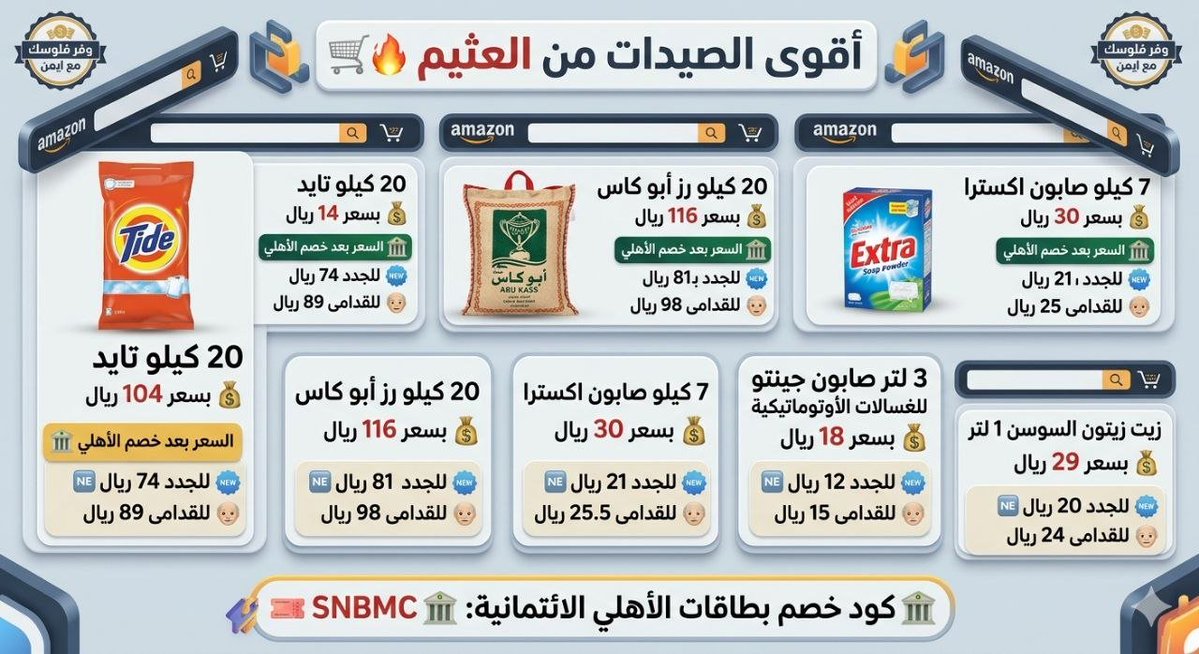 tawfir_ayman's tweet photo. أقوووووى الصيدات من العثيم 🛒🔥
20 كيلو تايد 💰
بسعر 104 ريال
السعر بعد خصم الأهلي 🏦
للجدد 74 ريال 🆕
للقدامى 89 ريال 👴
https://t.co/UtMJ0wWMwn

20 كيلو رز أبو كاس 🍚
بسعر 116 ريال
السعر بعد خصم الأهلي 🏦
للجدد بـ 81 ريال 🆕
للقدامى 98 ريال 👴

https://t.co/K98liRVTMo

7 كيلو صابون اكسترا 🧼
بسعر 30 ريال
السعر بعد خصم الأهلي 🏦
للجدد 21 ريال 🆕
للقدامى 25.5 ريال 👴
https://t.co/VCJBHWrkCk

3 لتر صابون جينتو للغسالات الأوتوماتيكية 🧴
بسعر 18 ريال
السعر بعد خصم الأهلي 🏦
للجدد 12 ريال 🆕
للقدامى 15 ريال 👴

https://t.co/sOfyv3QIgi

زيت زيتون السوسن 1 لتر 🫒
بسعر 29 ريال
السعر بعد خصم الأهلي 🏦
للجدد 20 ريال 🆕
للقدامى 24 ريال 👴
https://t.co/ZoW08uNU8a

كود خصم بطاقات الأهلي الائتمانية: SNBMC 🎫🏦