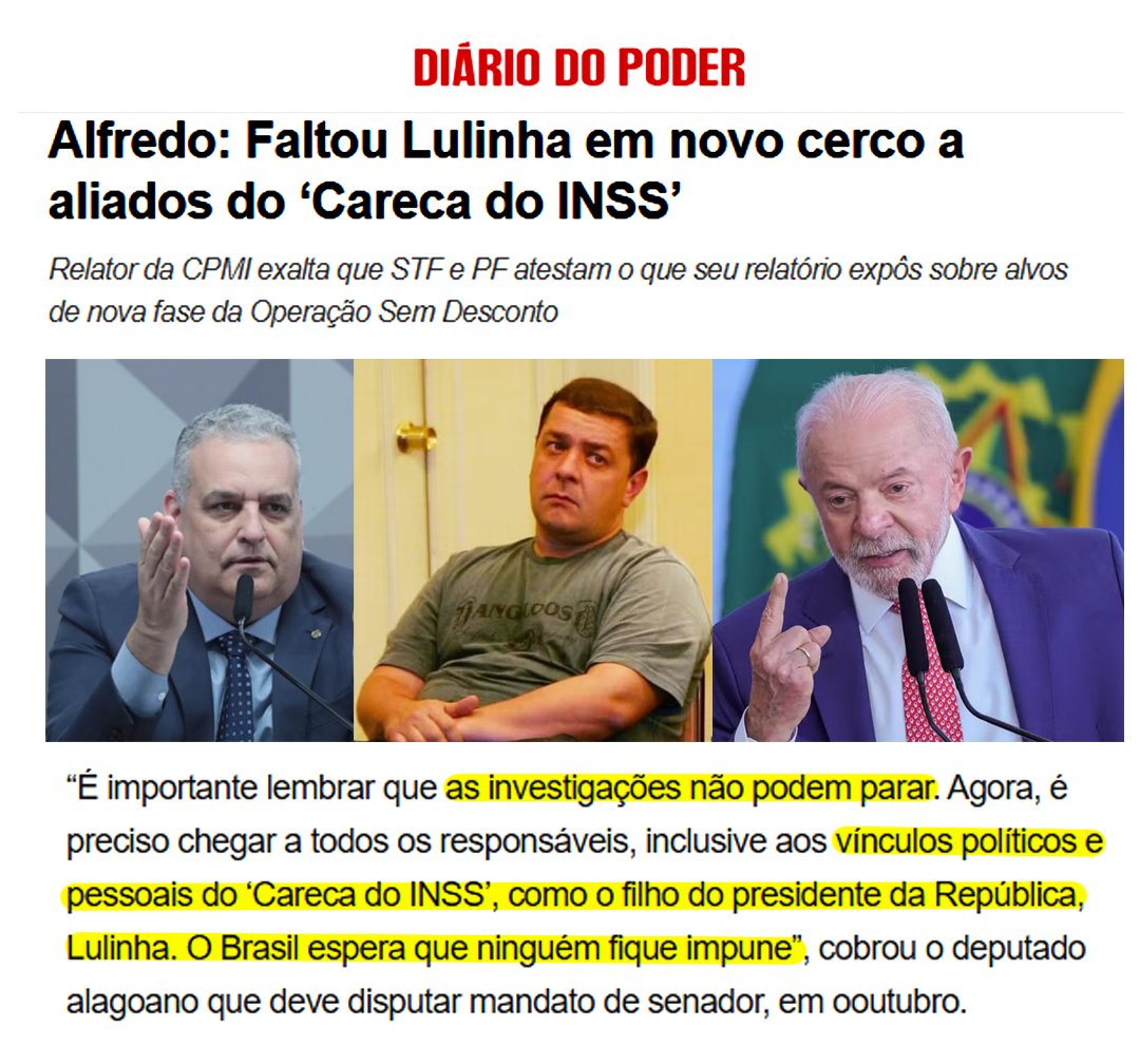ericksalzerr's tweet photo. 🚨 ESCÂNDALO DO INSS EXPLODE DE VEZ! CADÊ O LULINHA?🚨

A Operação Sem Desconto avança, o cerco fecha e deputado Alfredo Gaspar (PL-AL) cobrou o óbvio que muita gente finge não ver: a investigação só estará completa quando alcançar TODOS… inclusive o Lulinha.

Até quando o Brasil vai tolerar essa blindagem absurda?

Quem tem medo de deixar a PF seguir o rastro inteiro? Lula está interferindo na PF?

O país quer respostas. E quer AGORA.

LULA INTEFERIU NA PF?
CADÊ O LULINHA?