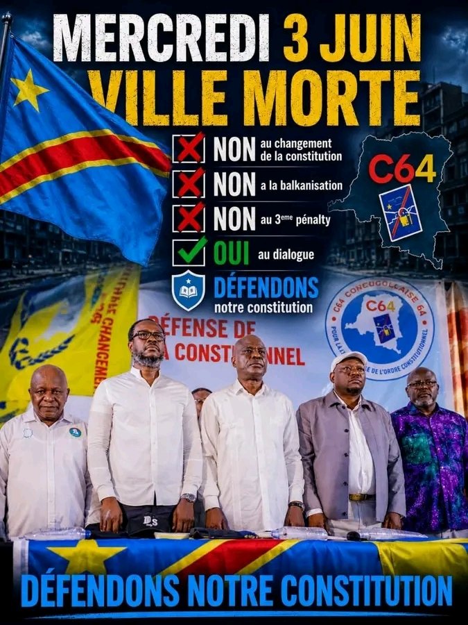 Prince_Atandele's tweet photo. 🚨 RDC : Appel à la « Ville Morte » ce mercredi 3 juin par la Coalition C64. Commerçants, travailleurs, étudiants : restons chez nous. Un boycott pacifique pour dire NON aux dérives institutionnelles et OUI au dialogue. Défendons notre Constitution. 🇨🇩🔥 @kabund_jmkkrock https://t.co/kP3CySjZWu
