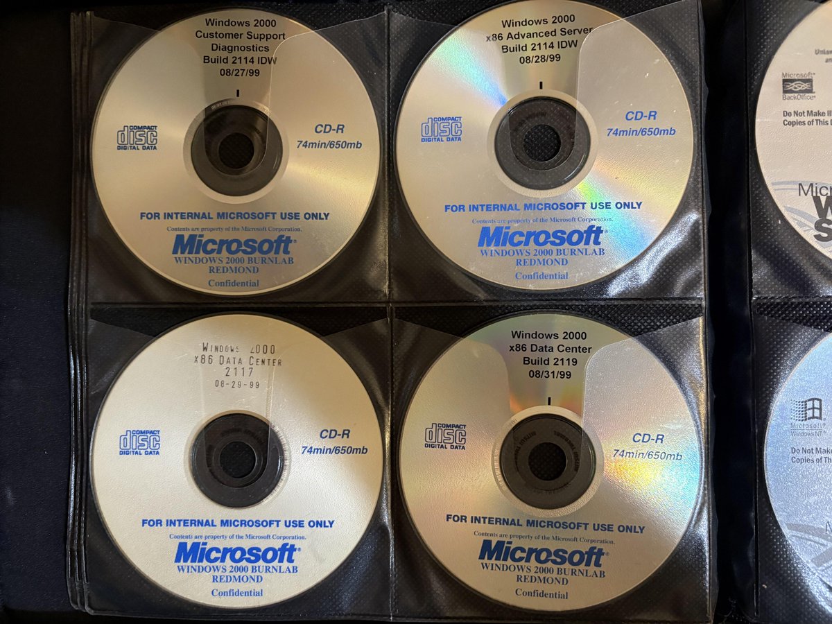 thebookisclosed's tweet photo. If you happen to be a (former) MSFTie with similar discs sitting around (doesn't have to be Win2K) and wouldn't mind sharing them I'd be over the moon. I love taking apart older builds of Windows and documenting the evolution of features. https://t.co/EnYV1STjr7