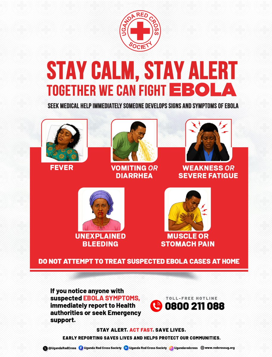 UgandaRedCross's tweet photo. 🚨 Report to Authorities If a person shows signs and symptoms of Ebola — such as:
🤒 Fever
🤕 Weakness
🤢 Vomiting
💩 Diarrhea
🩸 Unexplained bleeding

➡️ Immediately report the case to:
 Uganda Red Cross Society
🏥 Or the nearest health facility

⏰ Early reporting saves lives and helps prevent further spread of the disease.

🛑 Protect yourself. Protect your family. Protect your community.

☎️Call Us : 0800211088
@MinofHealthUG @ifrc @IFRCAfrica 
#EbolaResponseUG2026