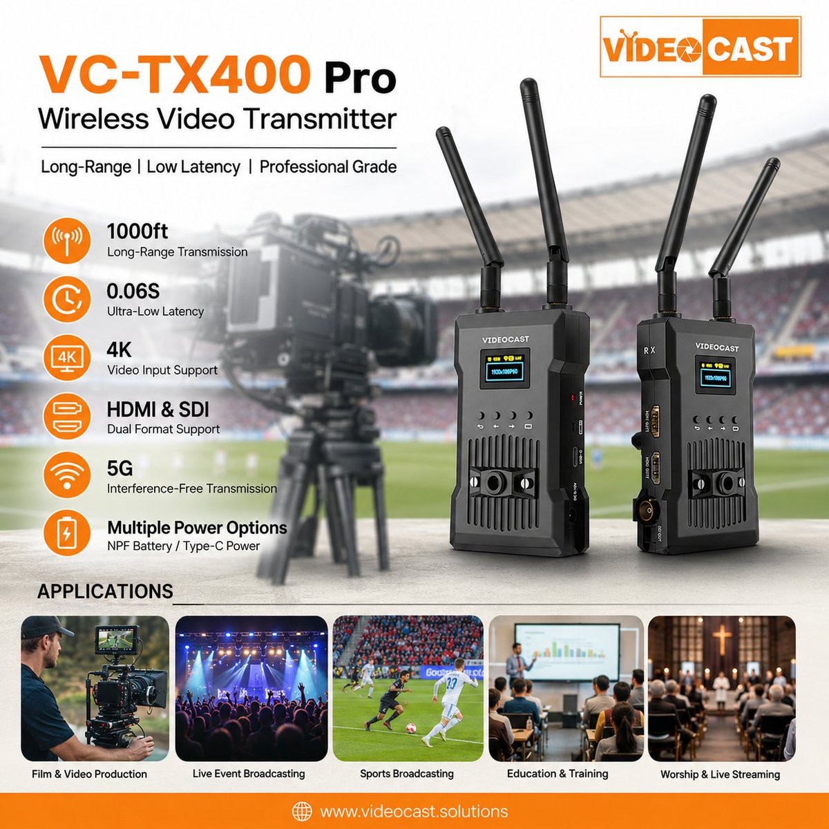 VIDEOCAST_TECH's tweet photo. Cut the cables. Capture every moment.

The VIDEOCAST VC-TX400 Pro delivers ultra-low latency wireless video transmission with up to 1000ft range, 4K support, and HDMI + SDI connectivity

#VIDEOCAST #WirelessVideo #LiveStreaming #Broadcast #4K #Filmmaking @skywireindia https://t.co/V7dFDfhKkS