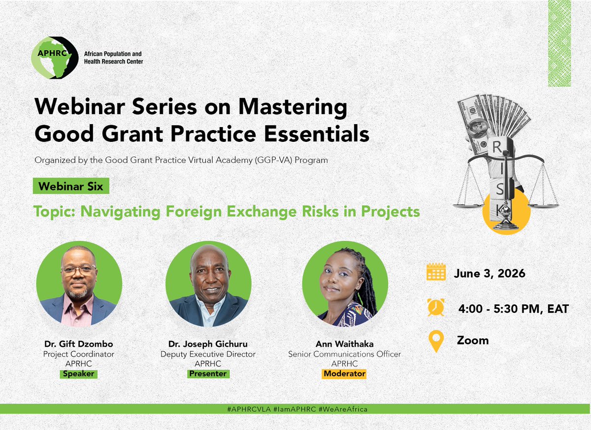 aphrc's tweet photo. Foreign exchange fluctuations can quietly derail project budgets, affect implementation timelines, and create reporting challenges for institutions managing international grants. How can organizations better prepare for and manage these risks?

Join us on June 3 at 4 PM EAT for the sixth session of the Mastering Good Grant Practice Essentials Webinar Series as we explore practical strategies for navigating foreign exchange risks in projects and strengthening financial accountability in multi-currency grant environments.

Register here: https://t.co/VKaAVYu69e

#WeAreAfrica #IamAPHRC #GGPVA #grantmanagement
