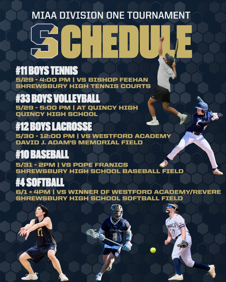 ColonialsAD's tweet photo. Here are our MIAA D1 Tournament Matchups, beginning tomorrow with Boys Tennis home vs Bishop Feehan, &amp; Boys Volleyball at Quincy High. Boys Lacrosse takes on Westford Academy Saturday, and Baseball takes on Pope Francis Sunday. Softball will be played 6/1 at 4pm. #GoColonials https://t.co/tRE3CyMmvB