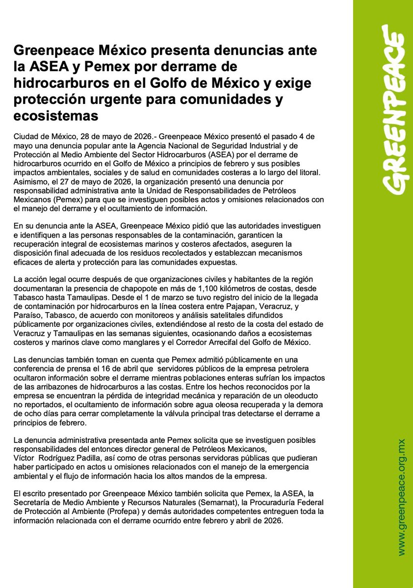 azucenau's tweet photo. 🚨Greenpeace México (@greenpeacemx) presentó denuncias ante la ASEA y Pemex por el derrame de hidrocarburos en el Golfo de México y el presunto ocultamiento de información.

La organización exige investigar responsabilidades, específicamente de Víctor Rodríguez Padilla, entonces director de Pemex.

También pide reparar daños ambientales y garantizar transparencia tras la contaminación que afectó más de 1,100 km de costas.