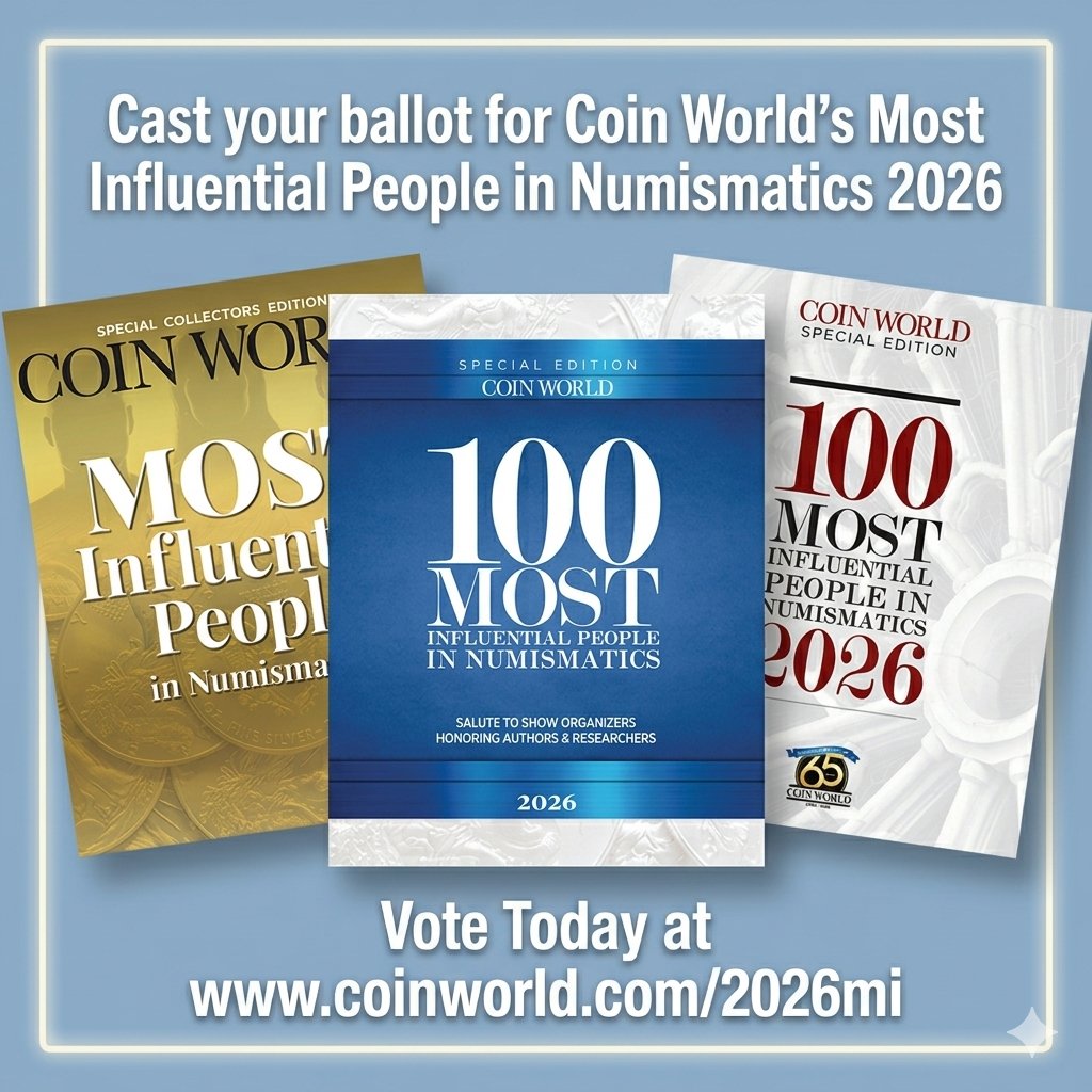 CoinWorld's tweet photo. Express your opinion by voting for the person(s) you think are the Most Influential People in Numismatics for the 2026 Edition of our popular Coin World special interest publication!

𝐂𝐚𝐬𝐭 𝐘𝐨𝐮𝐫 𝐕𝐨𝐭𝐞 𝐓𝐨𝐝𝐚𝐲 𝐚𝐭 🔗:
https://t.co/S0hukwj2fS

#CoinWorld #vote https://t.co/AedE81Ey1X