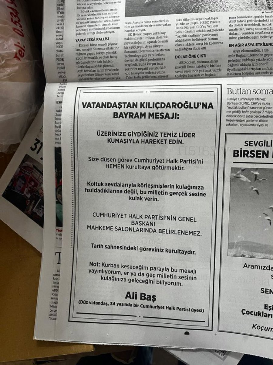 yirmiucderece's tweet photo. Kemal Kılıçdaroğlu’nun Birgün Gazetesi okuduğunu öğrenen bir vatandaş kurban keseceği parayla gazeteye ilan verdi:

“Size düşen görev CHP’yi hemen kurultaya götürmektir.” https://t.co/e2ZVgQWpO0