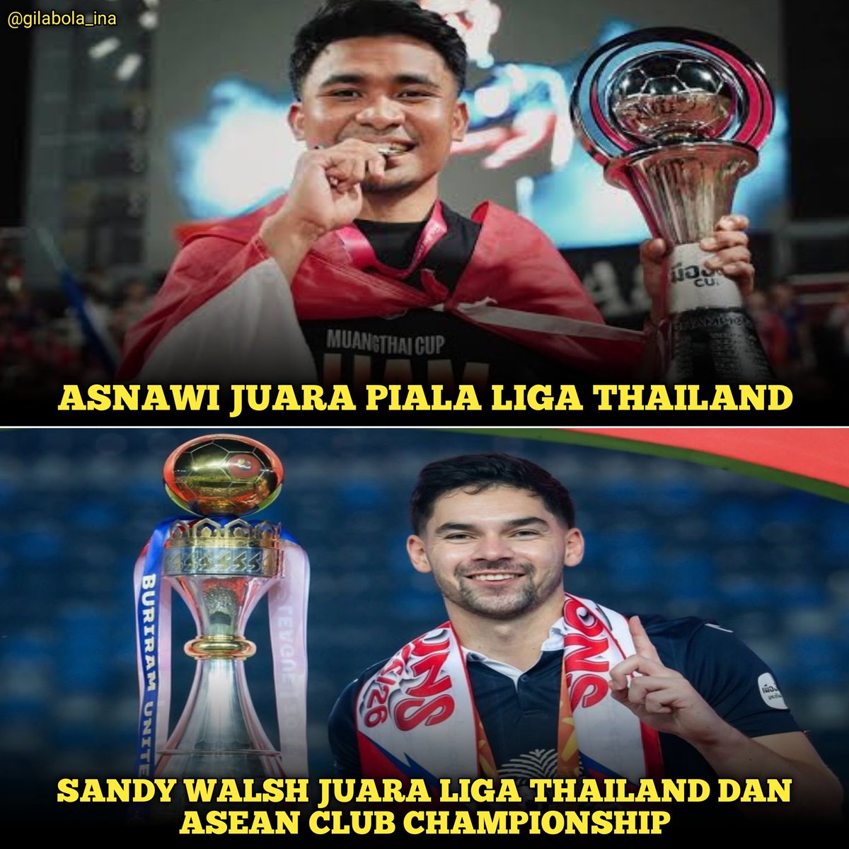 gilabola_ina's tweet photo. Dua pemain Indonesia yang bermain di Thailand, Sandy Walsh dan Asnawi Mangkualam, berhasil meraih juara bersama klubnya masing-masing musim 2025/26.

🇮🇩Asnawi Mangkualam (26/RB) juara Piala Liga Thailand. 🏆

🇮🇩Sandy Walsh (31/RB) juara Liga Thailand dan juara ASEAN Club Championship. 🏆🏆
