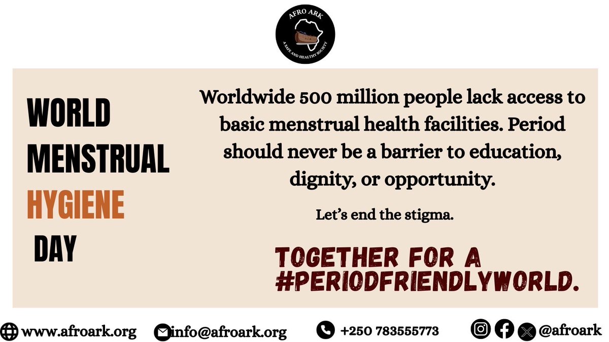 afroark's tweet photo. Period should never stop a girl from living her life.
This World Menstrual Hygiene Day, speak up, Show up, and stand strong.
Together for a #periodfriendyworld.
#MHDay2026
#EndPeriodPoverty https://t.co/t3trBlmOTi