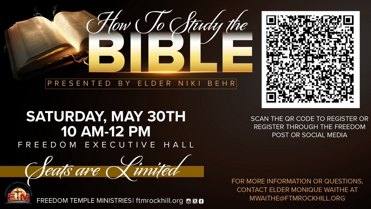 FTM_SC's tweet photo. How To Study The Bible! Saturday, May 30th from 10 am - 12 pm. Elder Niki Behr will be the presenter. Scan the QR Code or click the link to register! #ftmrockhill

https://t.co/jKlie6dDkl https://t.co/gTMfXFKPZ9