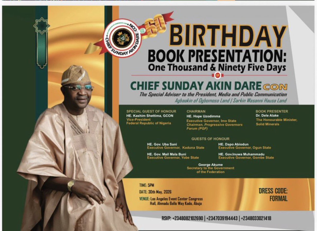 governmentinubu's tweet photo. Watch out for President Tinubu 3yrs compendium soon. May29 marks 3 years anniversary of our great leader. We understand the struggle and Pains of Nigerians however policy have turned to Reforms and Reforms aré now visible even to the blind . God bless President Tinubu. A few of Ashiwaju achievements ; @officialABAT  @SenRemiTinubu 

Ongoing 440+ roads project

10k dialysis fee for kidney diseased patients

Fuel scarcity is a thing of the past

No more ASUU strike

PBAT's government has neutralized more terrorists leaders than any Nigerian president

No state in Nigeria is owing salary

LG financial autonomy

Tax reform to prevent businesses from paying multiple taxes

Minimum wage doubled

Foreign resever increased massively

Stability of exchange rate; manufacturers can take better decision on imports and production

CNG conversion installment plan

TVET program to pay youths monthly while they learn a skill

NELFUND STUDENT LOANS. 

It's crazy how President Bola Ahmed Tinubu is outdoing Buhari's 8 years in just 3yrs  @joduwole @YusufTuggar @BTOofficial @fkeyamo  @GboyegaOyetola 

Watch out for Presidential Spokesperson Chief Sunday Dare Book Launch on Saturday May 30th 2026 @SundayDareSD 

Eid Mubarak 🙏
@NGRPresident @Hope_Uzodimma1 @NigeriaGov @woye1 @gbengasaka @Bayo_Bilisi @MasterBolaji