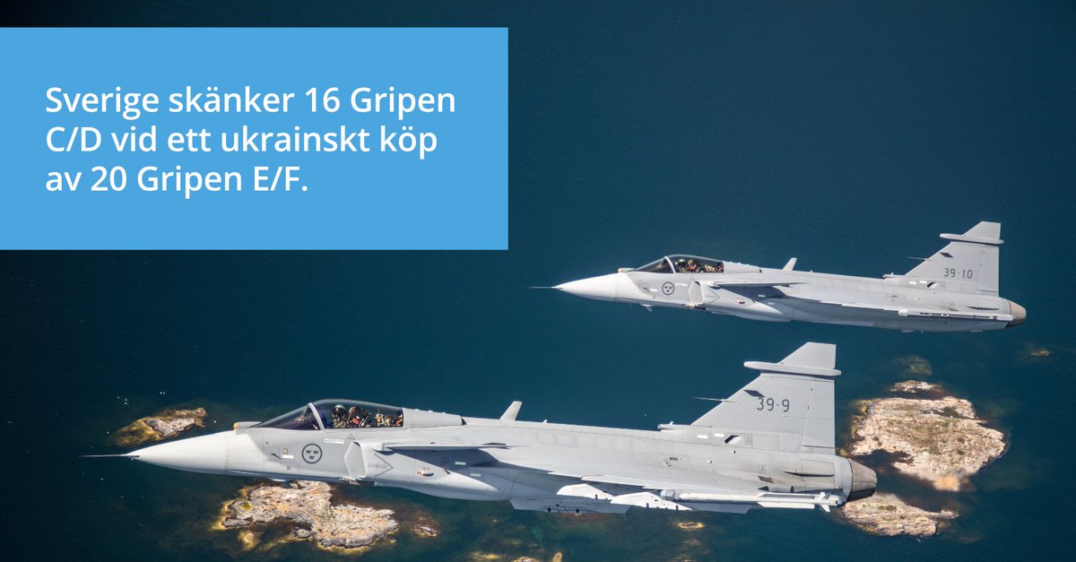 ForsvarsdepSv's tweet photo. Ukraina avser att köpa 20 Gripen E/F. I samband med försäljningen kommer Sverige att skänka upp till 16 Gripen C/D, inklusive kvalificerad ammunition. För att ersätta de plan som doneras beställs nya Gripen E/F till det svenska flygvapnet. https://t.co/g5KJO1J0jV https://t.co/SC65R0qU8s