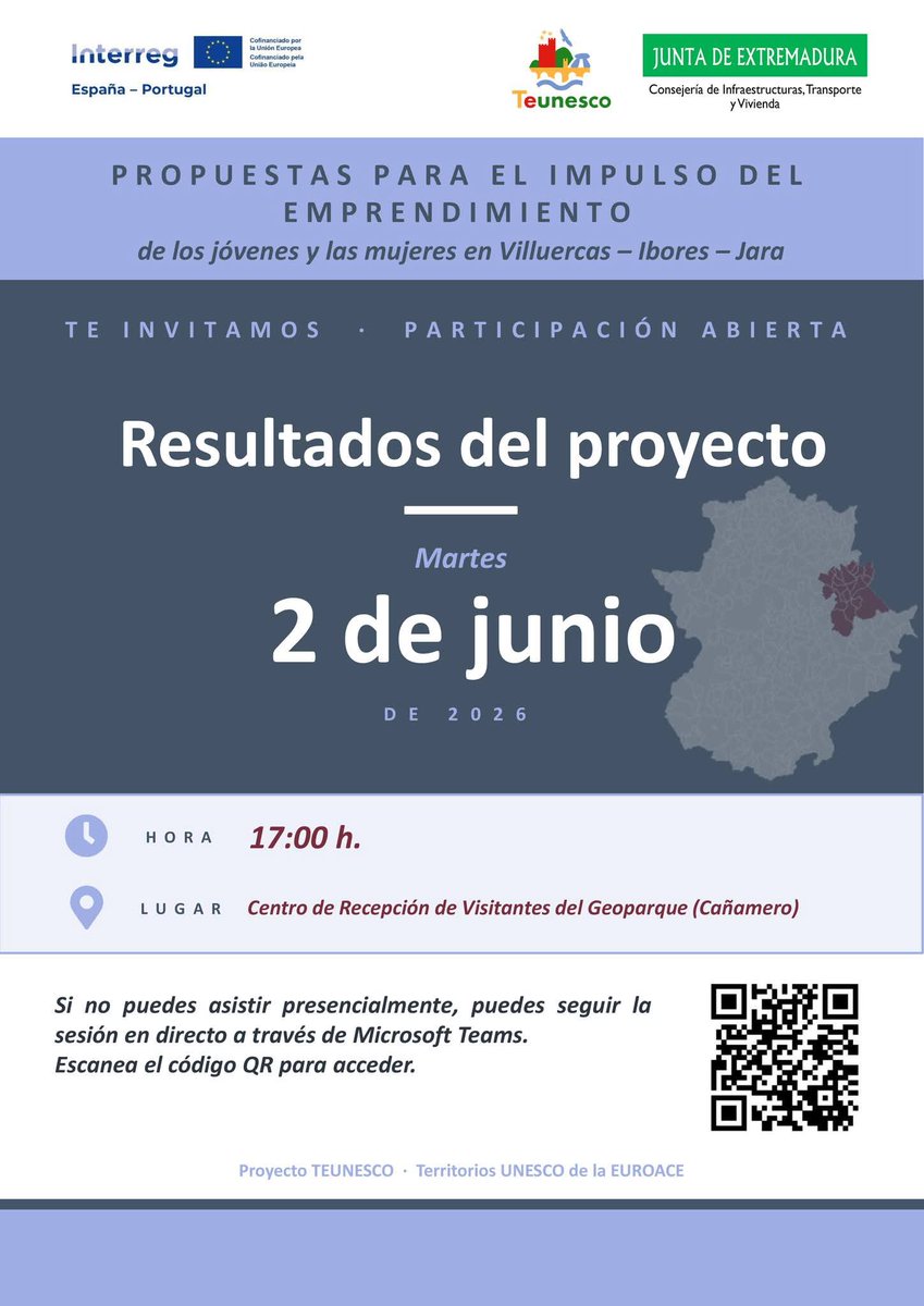 CICTEX_OFICIAL's tweet photo. 📢 ¡Os invitamos a conocer los resultados del estudio sobre emprendimiento en Villuercas – Ibores – Jara!
El martes 2 de junio, a las 17:00 h., presentamos en el Centro de Recepción de Visitantes del Geoparque en Cañamero
👇
 #VilluercasIboresJara #Geoparque #TEUNESCO #POCTEP https://t.co/hA5MX7VXtL