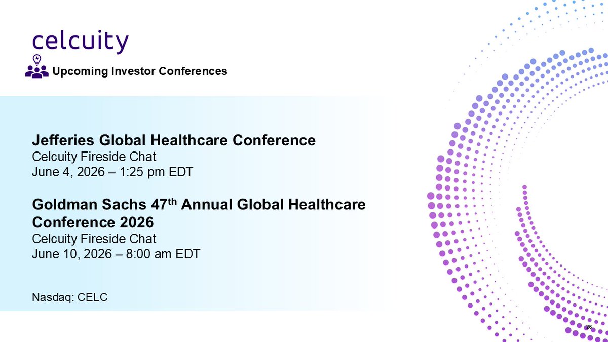 celcuity's tweet photo. We look forward to attending the upcoming conferences in June: Jefferies Global Healthcare Conference in New York and Goldman Sachs 47th Annual Global Healthcare Conference 2026. 
For more information: https://t.co/tRBNAzWjqz
$CELC https://t.co/j6lKMbkhHM