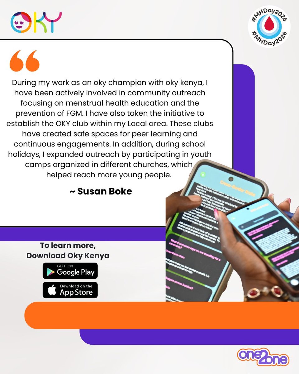 Baba_Shayne's tweet photo. FGM is not a tradition to protect.
Girls deserve protection from harm, pain, and silence. 
The OKY App gives young people access to trusted information about menstrual health and FGM awareness. #EndFGM #AdolescentHealth
#PeriodfriendlyWorld
#OkyKenya
#MHDay2026
@ahfkenya @LVCTKe https://t.co/88UwCAbxdy