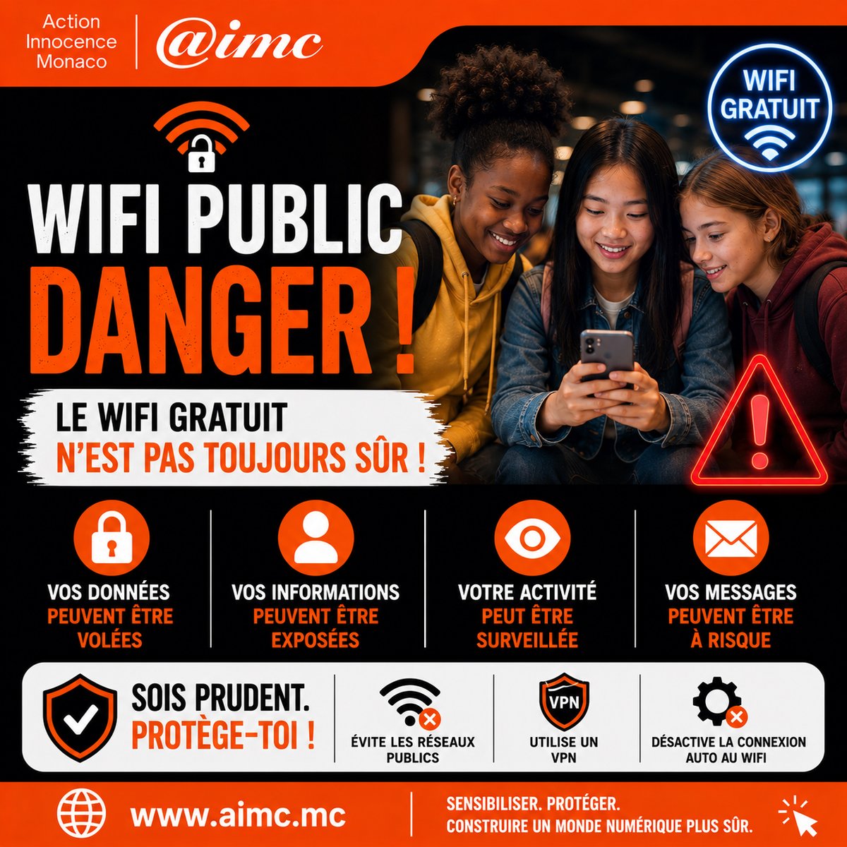 ActionMonaco's tweet photo. 🚨 Le #WiFi public n’est pas toujours sûr pour les #enfants et #ados

⚠️ Un réseau public peut exposer :
🔓 mots de passe
📱 données perso
👀 activité en ligne

💡Évitez les connexions sensibles et désactivez le WiFi automatique

#AIMCnews #SécuritéEnLigne https://t.co/oSYhJ0AbMP https://t.co/ripjmA0Oe8