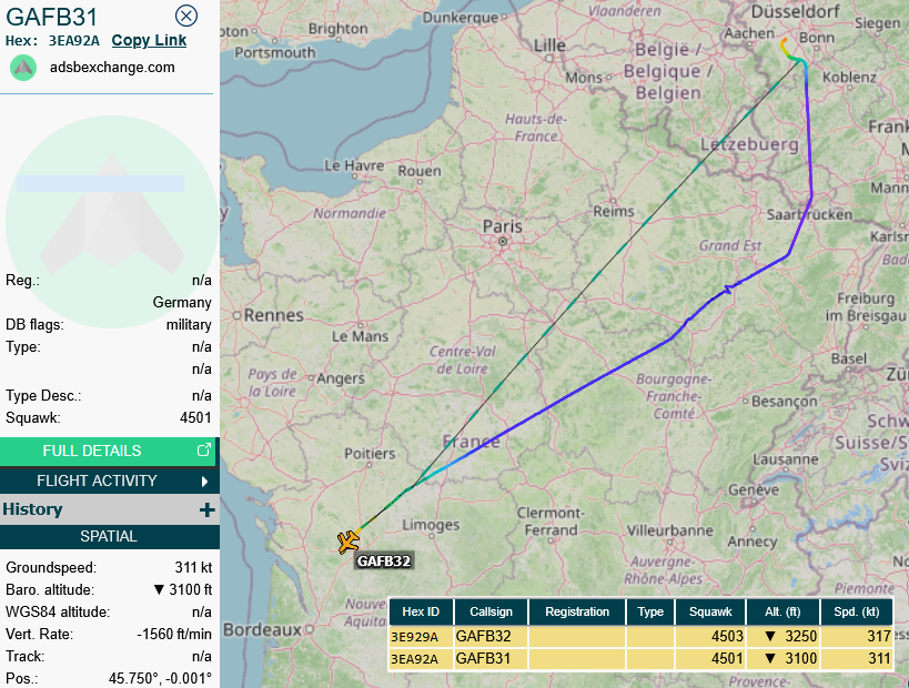 SirListenalot's tweet photo. German TLG31 #EUFI #Eurofighter's #GAFB31-32 departed Nörvenich for Cognac, likely to participate in "Meeting de l'Air de Cognac-Châteaubernard"
👉 https://t.co/RRx9otZHxC https://t.co/G6ne3fdLXC