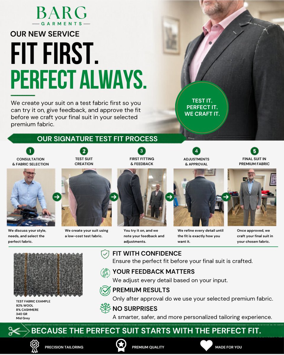 Barg_Garments's tweet photo. A perfect suit shouldn’t be a surprise.

Introducing our new Fit-First Bespoke Process — we first create your garment in a test fabric so you can try it on, refine the fit, and approve every detail before we craft it in your selected luxury fabric.

Precision. Confidence. Crafted for you.

#BARGGarments #CustomTailoring #BespokeSuit #LuxuryMenswear #PerfectFit #CustomSuit #TailoredStyle #MadeForYou #MensFashion #VirginiaStyle #LuxuryTailoring #FitFirst