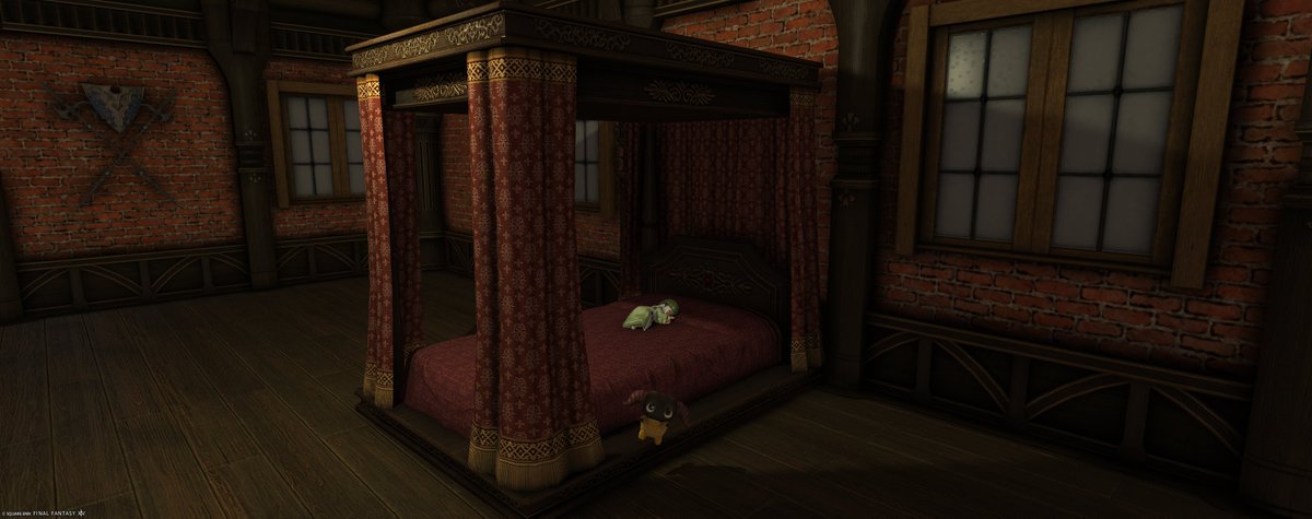 hapiko_FF14's tweet photo. ジュノでもぎもぎしてきた素材でベッドが作れました！
このベッドを軸にお部屋を飾るのもいいかも？ https://t.co/qa0g9WDI6N