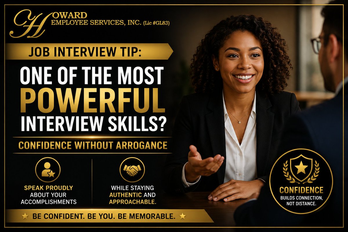 HowardPEO's tweet photo. Job Interview Tip:  One of the Most Powerful Interview Skills? Confidence Without Arrogance
Speak proudly about your accomplishments while staying authentic and approachable.
#ProfessionalDevelopment #InterviewTips #CareerAdvice https://t.co/3hX86HAXlI