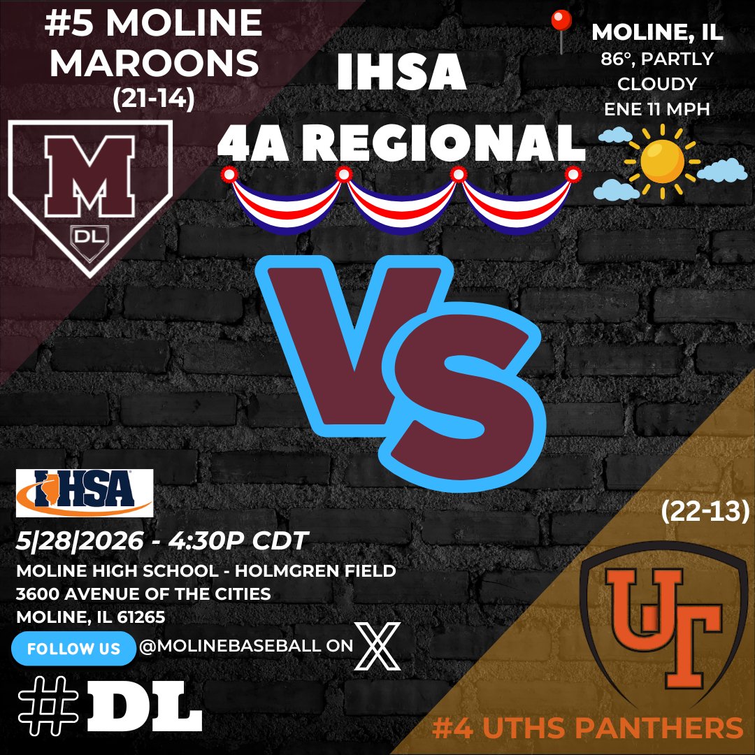 molinebaseball's tweet photo. It's a #Maroons GAME DAY, POST-SEASON STYLE! An IHSA Class 4A Regional semi-final @ Holmgren Field, as we take on the #4 UTHS Panthers this afternoon. Here are the particulars... #postseason #DL https://t.co/09SSsd6S4t