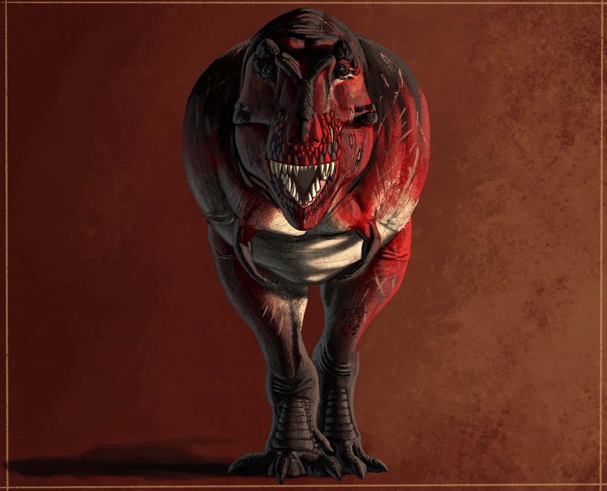 ARGAtheropodfan's tweet photo. Commission finished for @ko52470012 
Cope, the Tyrannosaurus rex!
Requested with similar vibes as one of my "super rex" sketches. The one with a front view. Scars included.
Love how it turned out! Getting increasingly confident with my rendering. 

PSA: I'll be on Buenos Aires until Saturday for a trip, all commission work is paused until monday next week. Thank you. 

Hope you like it!

#trex #paleoart #commission