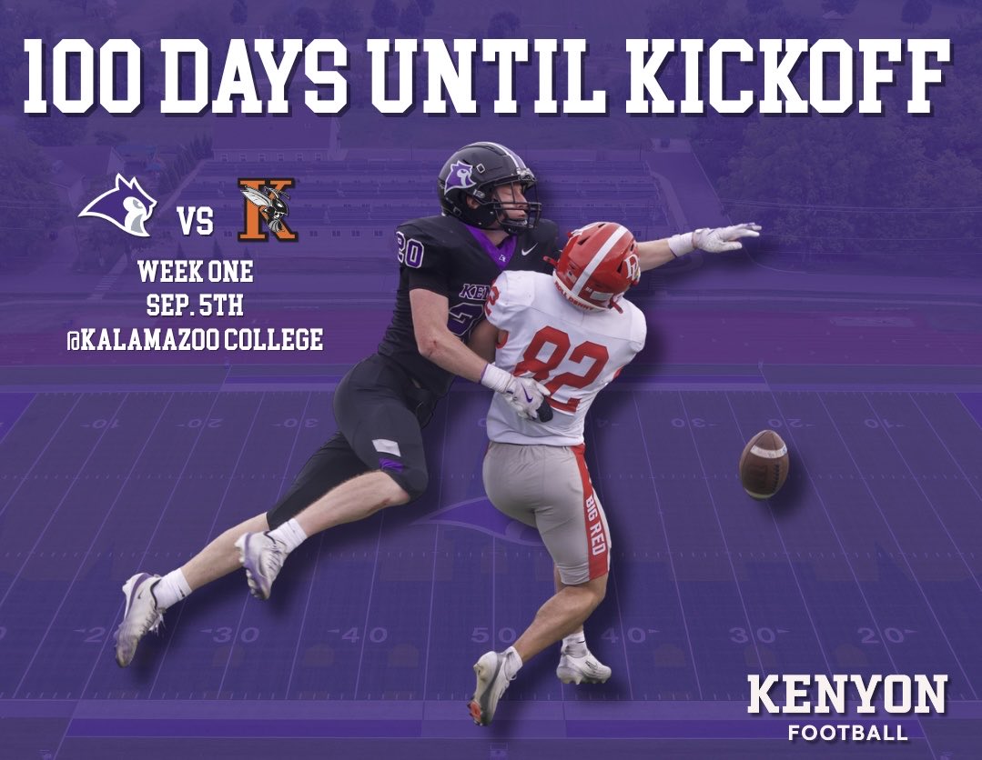 KenyonFootball's tweet photo. 100 DAYS UNTIL WE PLAY FOOTBALL!🦉

#TakeFLIGHT #GoOwls https://t.co/fqWEEItn4C