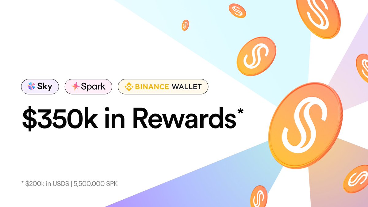 SkyEcosystem's tweet photo. Sky Agent @sparkdotfi is partnering with @BinanceWallet for a 30-day campaign with $350K in rewards.

Two boosted vaults now live:

• Spark USDS Savings Vault: up to 6.1% APR & $200K USDS rewards
• Spark USDT Savings Vault: up to 5.3% APR & 5.5M SPK rewards

Boosted Vaults’ APR is dynamic. Rewards are calculated hourly.

Explore the vaults ↓
