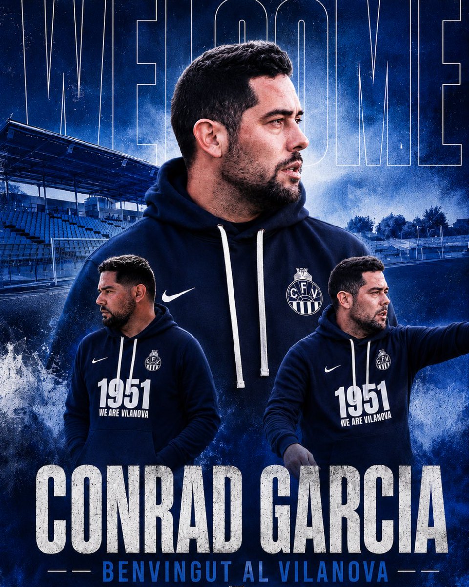 cfvng's tweet photo. 𝑩𝑬𝑵𝑽𝑰𝑵𝑮𝑼𝑻, 𝑪𝑶𝑵𝑹𝑨𝑫 💙🤍

Conrad Garcia, nou entrenador del CF Vilanova per a la temporada 2026/27.

Un entrenador amb ambició, caràcter i fam de futbol per liderar un projecte que segueix més viu que mai i que vol continuar fent història. https://t.co/rFdU2kKboT