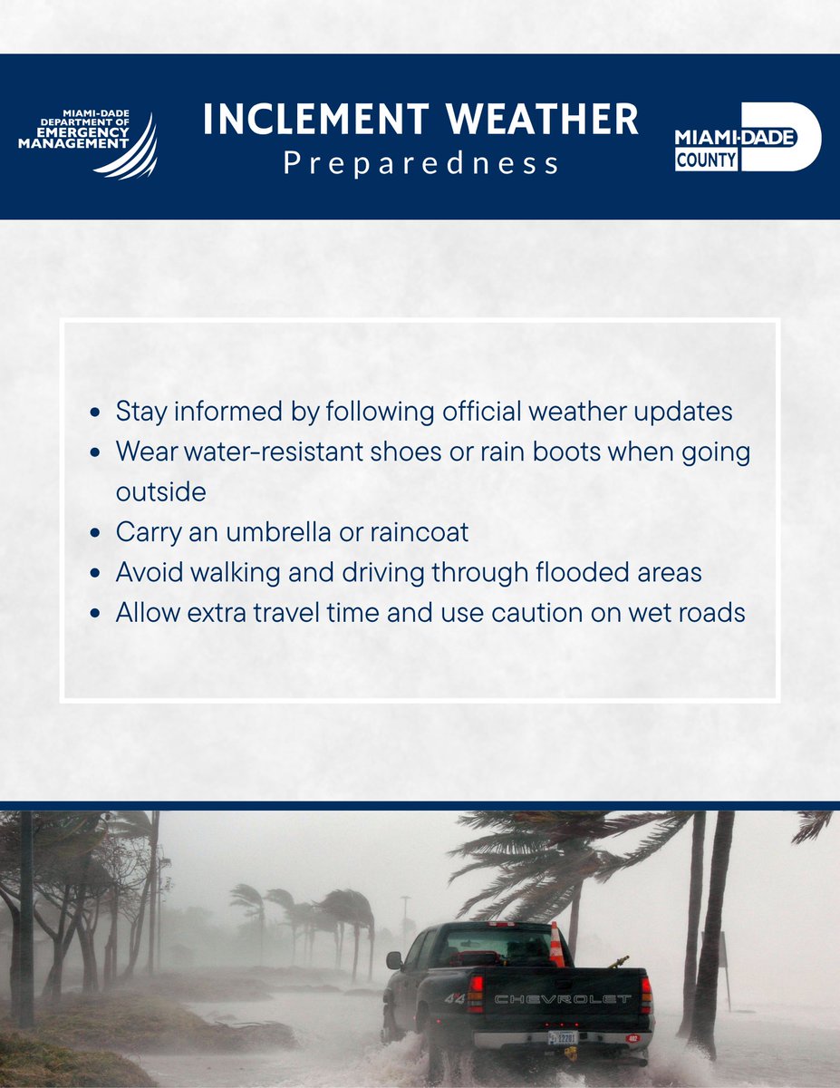 MiamiDadeEM's tweet photo. Rainy conditions can make roads dangerous across Miami-Dade. Slow down, leave extra space between vehicles, and stay alert for flooded streets and low-lying areas. Never drive through standing water.

—

Las condiciones lluviosas pueden hacer peligrosas las carreteras en Miami-Dade. Reduce la velocidad, deja más espacio entre vehículos y mantente alerta a calles inundadas y zonas bajas. Nunca conduzcas por agua acumulada.

—-

Kondisyon lapli ka fè wout yo vin danjere atravè Miami-Dade. Ralanti, kite plis espas ant machin yo, epi rete vijilan pou lari ki inonde ak zòn ki ba. Pa janm kondwi nan dlo ki kanpe.