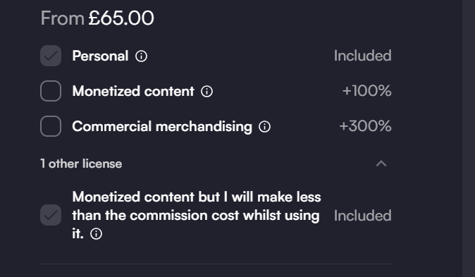 RaaCos's tweet photo. Kinda sucks that vgen hides my other default licence. Ppl won't notice to click on that.😢 https://t.co/0ZeUVLytzo
