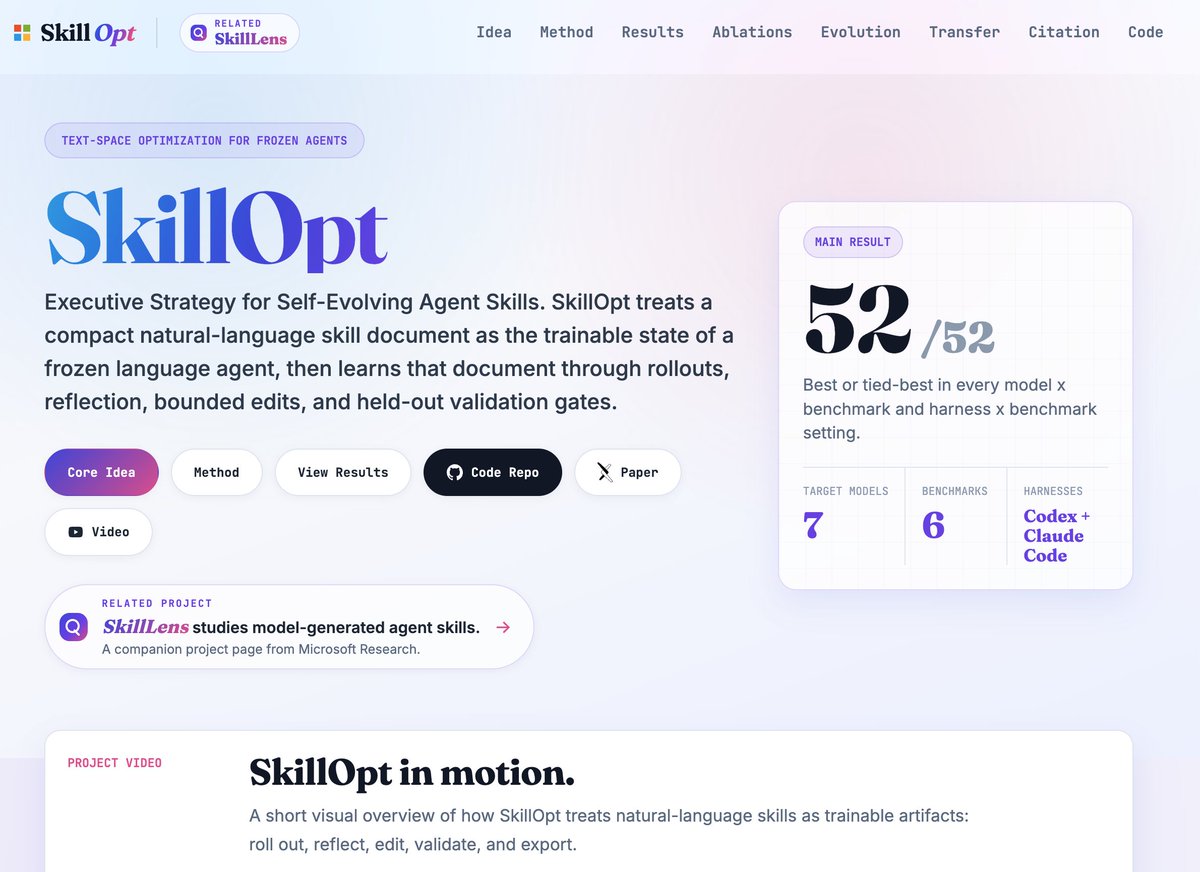 midudev's tweet photo. Microsoft acaba de desvelar SkillOpt. ¿Qué es?
Agent Skills que evolucionan en tiempo real

Aprenden de los errores, se reescriben solos y acepta cambios si pasan la validación.

Mejora modelos como GPT y Qwen hasta un ~20%. https://t.co/1J5XrWrCos