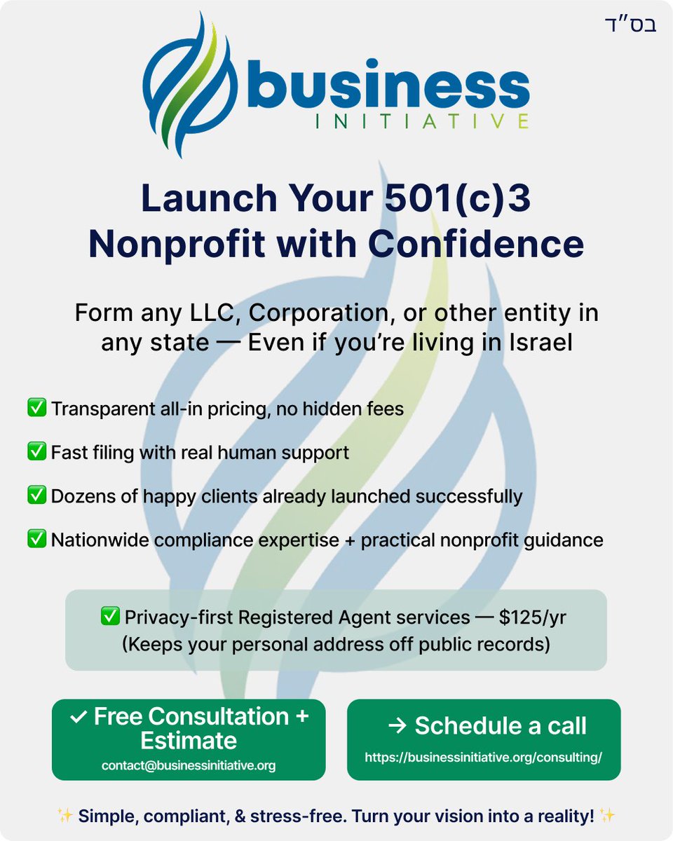 BisInitiative's tweet photo. Business Initiative delivers expert 501(c)3 setup, nationwide business formations, and privacy-first Registered Agent services that keep your personal address off public records.

Simple, compliant, and stress-free.

📧 Free consultation + estimate: contact@businessinitiative.org
📅 Schedule a call: https://t.co/o9nKUtinly

DM or email me anytime — let’s get your organization launched! 🚀