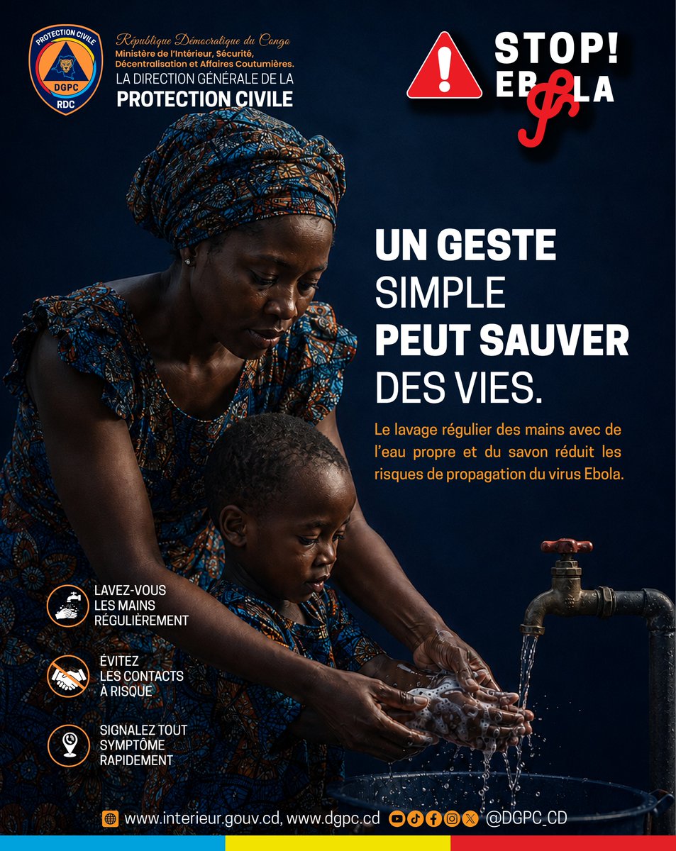 dgpc_cd's tweet photo. 🚨🛑 EBOLA TUE. LA PRÉVENTION SAUVE DES VIES.

Un simple lavage des mains peut empêcher la propagation du virus Ebola.
Ne baissons pas la garde face à cette menace sanitaire.

La PROTECTION CIVILE (DGPC) appelle chaque citoyen à adopter immédiatement les gestes de prévention pour protéger sa vie, celle de sa famille et de toute la communauté.

🛡️ Les 3 règles d'or :

1️⃣ Signalez immédiatement tout cas suspect aux autorités sanitaires.
2️⃣ Respectez strictement les mesures d'hygiène.
3️⃣ Évitez les contacts à risque (fluides corporels, malades, défunts suspects).

Face à Ebola, la négligence peut coûter des vies.
La vigilance, l’hygiène et la responsabilité collective restent nos meilleures armes. 🇨🇩

Ensemble, mobilisons-nous pour stopper la propagation du virus.

#StopEbola #DGPC #ProtectionCivile #RDC #UrgenceSanitaire #Prévention #SantéPublique #AlerteEbola #SécuritéSanitaire #EnsembleContreEbola