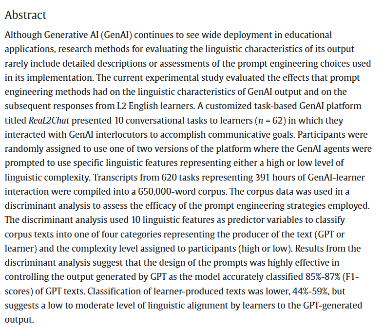 RMALJournal's tweet photo. New article: 
Dixon, D. H., Kim, Y. J., &amp; Kim, Y. (2026). The power of the prompt: The linguistic effects of prompt engineering on GenAI and learners. Research Methods in Applied Linguistics, 5(2), 100327: https://t.co/3DrGG24XC7 https://t.co/F2Vrz3NP0H