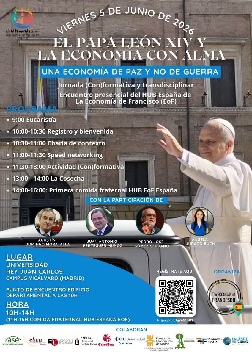 _CARITAS's tweet photo. 🗓️5 de junio - 🕙10:00h
📍Universidad @urjc - campus Vicálvaro
“El Papa León XIV y la economía con alma: una economía de paz y no de guerra”

Inscríbete en esta jornada formativa antes de la llegada de @Pontifex_es a España.

📲https://t.co/GvCxETy5Yu https://t.co/zZaELMUJsj