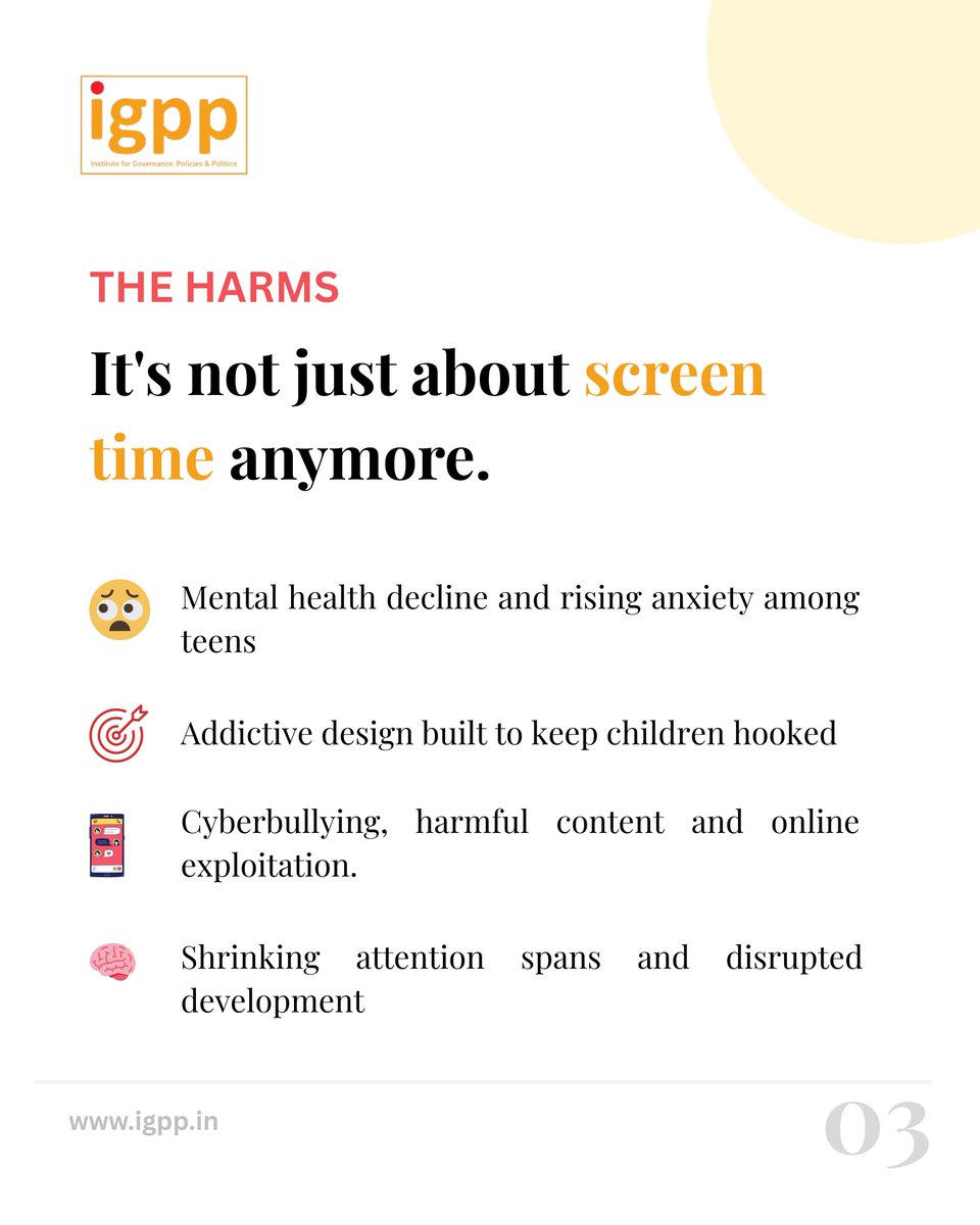 IGPPVMF's tweet photo. Releasing on 01 June 2026

Policy Analysis

📘 Evaluating Effectiveness of Social Media Ban as a Regulatory Tool

From cyberbullying and addictive design to online exploitation and declining mental wellbeing, child safety online is rapidly becoming one of the defining governance challenges of our time.

@IGPPVMF's upcoming policy analysis examines: Are Social Media Bans the Most Effective Response for Protecting Children in India’s Digital Ecosystem? 

📢 Releasing at a moment when Indian states are beginning to confront a difficult question:

Can societies afford an entirely unregulated digital childhood?

Stay Tuned.

To know more about us, visit: https://t.co/ZC960nUMCn

@CSR_India | @KarunaNain | Prof. Dr. @CharruMalhotra | @ashishjaiman | @nitinsalujaa | @utharaganesh | @chitraiyer1 

@manishtiwari | @ranjana_kush | @AnkurTi76797199 | @pujasingh2k16 | @TheVikasLohchab

#IGPP #ChildSafety #DigitalGovernance #OnlineSafety #TechnologyPolicy #SocialMediaBan #Algorithms #ChildSafety #MentalHealth #AndhraPradesh #Goa #Maharashtra #Telangana