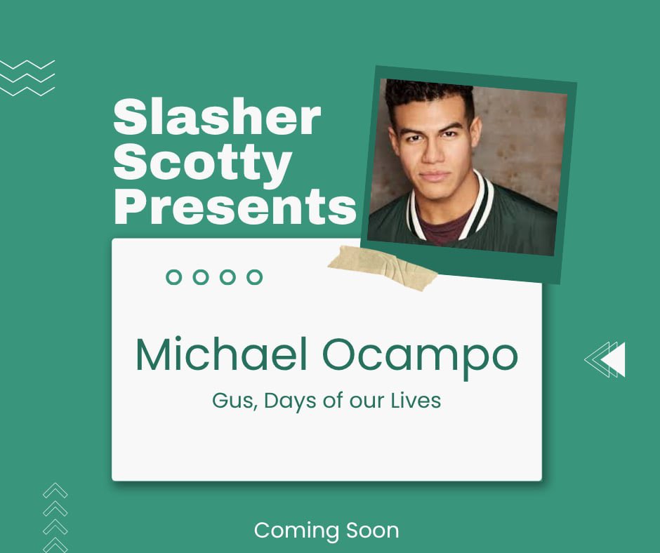 smccoyauthor's tweet photo. Just booked an interview with Michael Ocampo, who currently plays the role of Gus on the hit Peacock soap opera, Days of our Lives. The interview is scheduled for Wednesday June 3, 2026 at 8:00 PM Eastern time, 5 PM Pacific time via Zoom. You can see the interview on the Slasher Scotty YouTube channel (please subscribe to me there), as well as listen to it on Apple Podcasts, Google Podcasts, Spotify, OpenBox, CastBox, Anchor, ListenNotes, Vurbl, Breaker, and other podcasting platforms. Stay tuned! @michael_ocampo