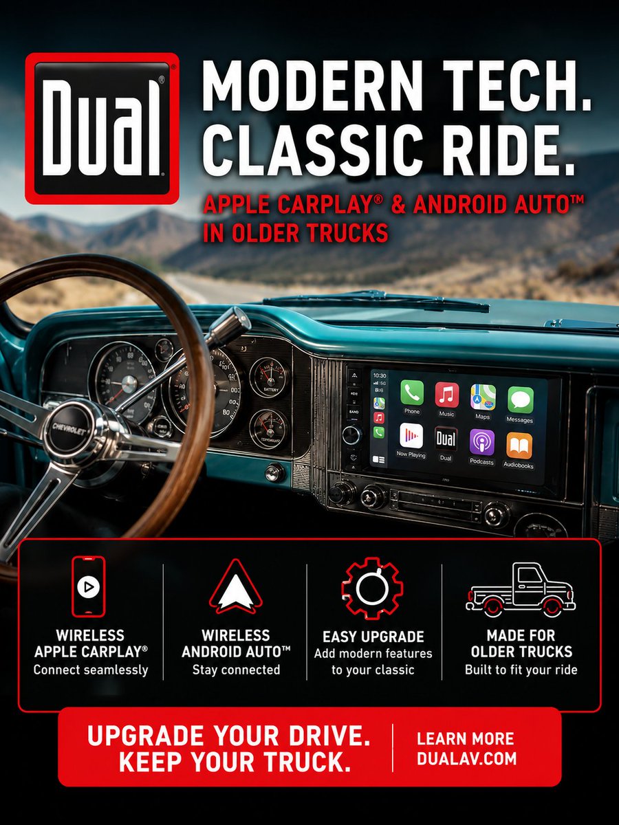 DualElectronics's tweet photo. Your old truck doesn’t need to feel outdated.
Get Wireless CarPlay &amp; Android Auto while keeping the ride you already love. 🚘📱

Learn more: https://t.co/8raBc9EfD9
#Upgrade #TruckAudio #CarPlay https://t.co/HegNu5VHoa