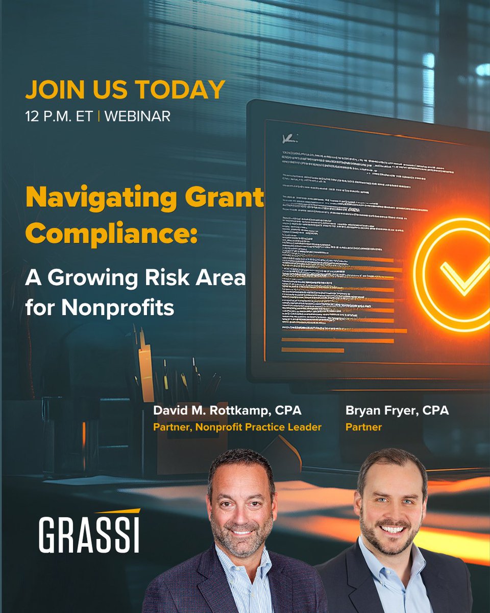 GrassiAdvisors's tweet photo. Join us today at 12 PM ET as Grassi’s nonprofit advisors discuss grant compliance as an emerging risk for nonprofit organizations, including insights on compliance gaps, funder expectations, and stronger oversight and reporting practices.

Register now: https://t.co/Ni65cb4c8l https://t.co/j5sJCGTw3g