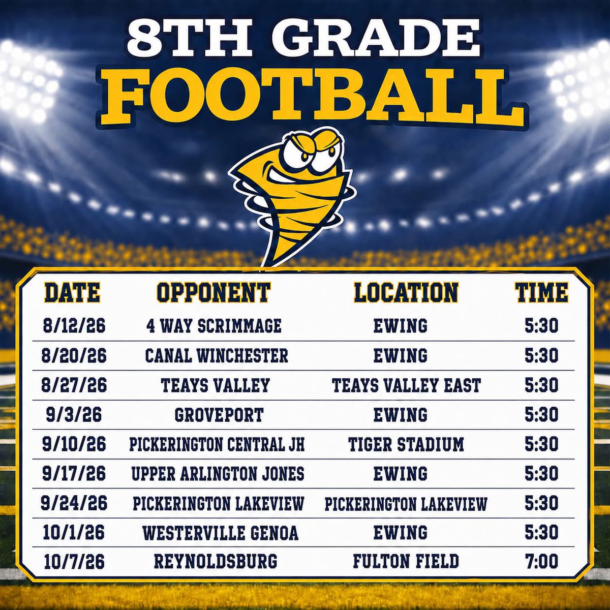 GSJHAthletics's tweet photo. With the end of the school year, it’s time to look forward to the upcoming fall sports season.  This year we will play our home football games at Thomas Ewing Junior High.  Here’s a look at this year’s schedules.  Thanks to Coach @JoshBigCass  for creating these graphics. https://t.co/mdzWIl2Bb0