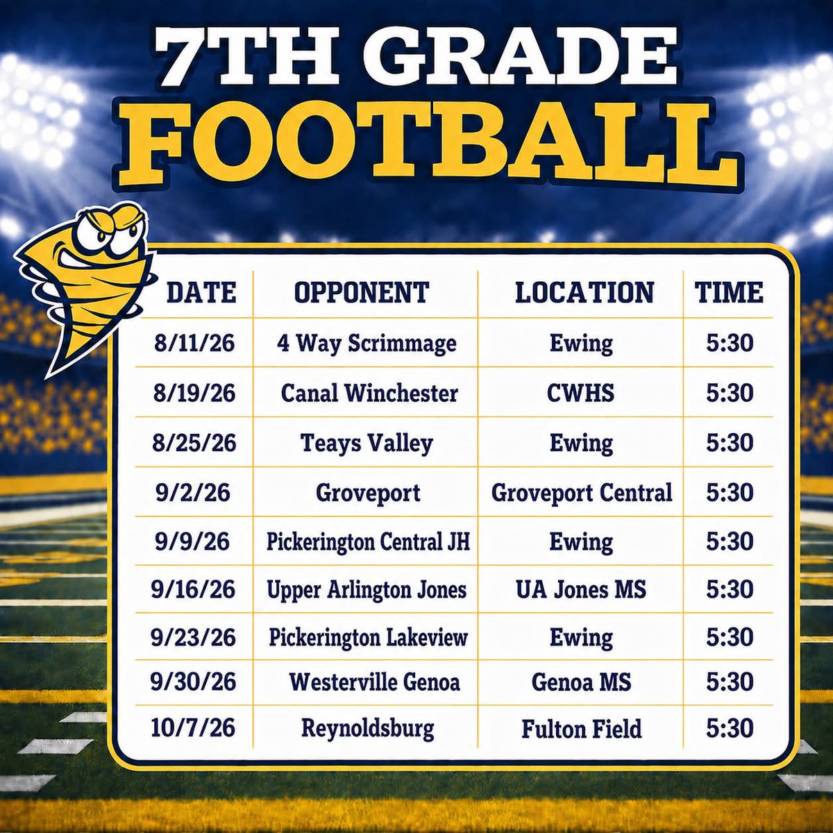 GSJHAthletics's tweet photo. With the end of the school year, it’s time to look forward to the upcoming fall sports season.  This year we will play our home football games at Thomas Ewing Junior High.  Here’s a look at this year’s schedules.  Thanks to Coach @JoshBigCass  for creating these graphics. https://t.co/mdzWIl2Bb0