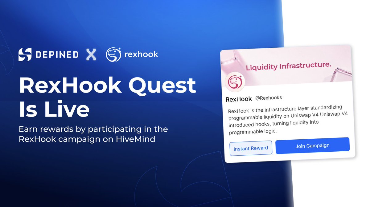 DePINed_org's tweet photo. 📣 DePINed HiveMind 🤝 RexHook Partnership Announcement

We’re excited to welcome @Rexhooks, now launching on HiveMind.

Get rewarded by helping RexHook reach builders, traders, liquidity providers, and the next generation of onchain AI agents shaping the future of programmable DeFi.

https://t.co/BtpwI41grx is building programmable infrastructure for Uniswap V4 hooks, enabling dynamic liquidity systems, custom trading logic, AI-native execution, MEV protection, launch guards, TWAMMs, and more through a unified execution layer.

RexHook is making Uniswap V4 smarter, more composable, and accessible for developers without requiring custom contract deployment for every pool.

Join here 🔗
https://t.co/VzKVpRVYAr

👉 Follow @Rexhooks to stay updated on the future of programmable liquidity and onchain execution.
