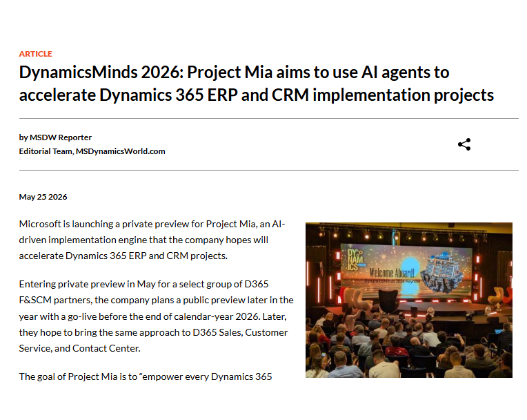 msdynamicsworld's tweet photo. DynamicsMinds 2026: Project Mia aims to use AI agents to accelerate #Dynamics365 ERP and CRM implementation projects. 
https://t.co/G0Uq1RvWkJ https://t.co/Wl5zN8It3s