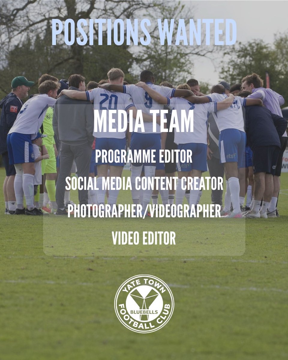 YateTownFC's tweet photo. JOIN OUR MEDIA TEAM 📸

With the club continuing to push forward on and off the pitch, we’re looking for passionate and creative people to help take our clubs media coverage to the next level! 

This is a great opportunity to be involved in a growing non-league football club, gain valuable experience and help bring the club closer to the supporters through engaging content and match day coverage.

Whether you’re experienced or looking to build your portfolio, we’d love to hear from you. To register your interest, drop us a message or send us an email 👉 chairman@yatetownfc.co.uk