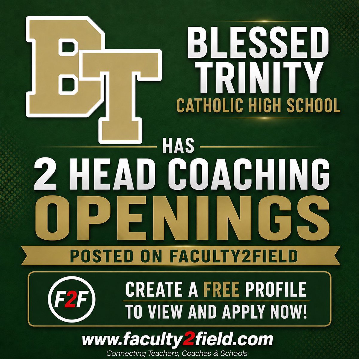 Faculty2Field's tweet photo. Create a free profile and publish it to check out these 2 opportunities at Blessed Trinity Catholic HS! https://t.co/ehiB12LjdT