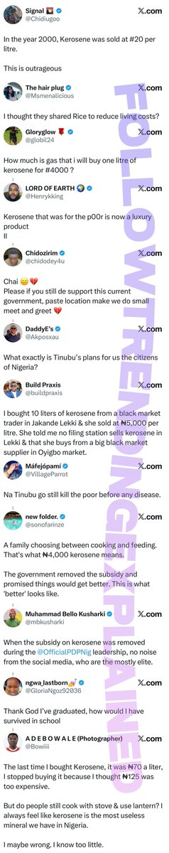 TrendingEx's tweet photo. Kerosene is trending because amid the economic hardship, with cooking gas sold for ₦2k, its direct alternative has also surged to about ₦4,000 per liter from ₦50/ltr in 2015 and ₦500 in 2022.

Locals claim it is actually sold ₦5k/ltr in parts of Lagos and Abuja.

However, according to National Bureau of Statistics’ Household Kerosene Watch Report between April and now; 

Lagos, Sokoto and Kebbi pay about ₦3,790, ₦3,965, and ₦3,805 per litre respectively. While South West and North West experienced major surge in price. 

South East, North Central were the least affected. Kogi particularly recorded no major increase, Enugu and Yobe had - 1.86% and -4.86% YoY.

Currently: Gas is sold an average of ₦1,700/kg, Petrol: ₦1,350/l. Diesel: ₦1,762/l. And Kerosene: ₦3,200 - ₦5,000/l.

Apart from cooking, most airplanes use a type of kerosene-based fuel called aviation turbine fuel (Jet Fuel). Jet A and Jet A-1, used by commercial airplanes worldwide. Because it burns efficiently, less inflammable and performs well at very cold temperatures.

Tired of punching codes to recharge your prepaid? Switch to Vendr smart meters. You can load directly from the internet remotely, check balance, track usage for both gen, nepa allocate units and much more modern features! Also get a ₦10k free prepaid unit credit!

Inquire now: @Vendrng || iOS • Web • Android || info@vendr.ng || https://t.co/jXlayYoeCD