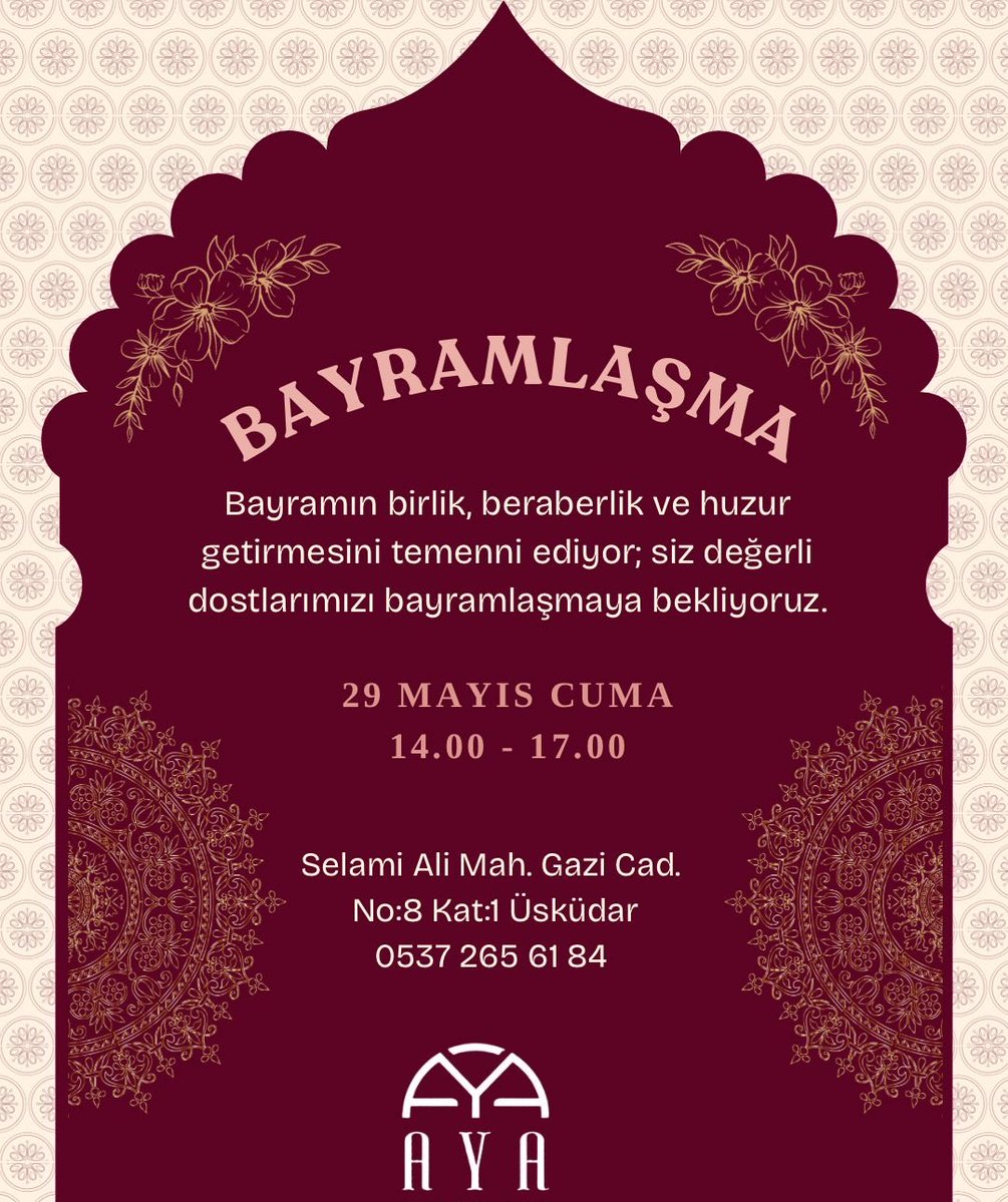 AYAvakfi's tweet photo. Bayramın birlik, beraberlik ve huzur getirmesini temenni ediyor; siz değerli dostlarımızı vakıf merkezimizde düzenleyeceğimiz bayramlaşma etkinliğine bekliyoruz.

📅 29 Mayıs Cuma
🕐 14.00 - 17.00
📍 Selami Ali Mah. Gazi Cad. No:8 Kat:1 Üsküdar https://t.co/7j8S90DPGj