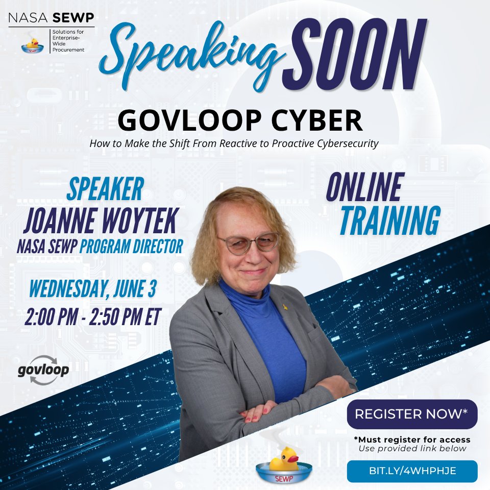 NASASEWP's tweet photo. 📢 NASA SEWP’s Joanne Woytek will be speaking at the GovLoop Cyber event next week. She’ll share insights about proactive cyber resilience in today's environment.
📅 Date: June 3
🕘 Time: 2pm
📍 Location: Virtual only (Must register - https://t.co/6grcgCknVT)

#NASASEWP #GovLoop https://t.co/mtHtmWrFEm