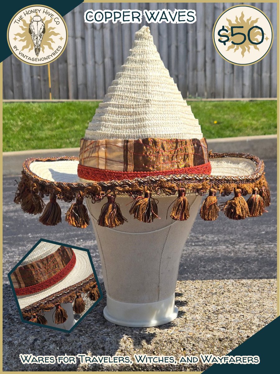 a_vintage_bee's tweet photo. ☼PRODUCT PREVIEW☼
New to the table for next week Saturday, Jun 6th! Straw witch hats and wide brimmed hats!! I am so excited to debut these babies.
#smallbusiness #witchhat #renfaire #renaissancefestival #fantasy #handmade #whimsymaxing #thehoneyhiveco https://t.co/iiMPSXrDTY